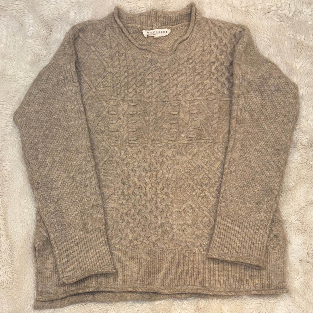 DownEast Men's Taupe Cable Knit Crewneck Sweater